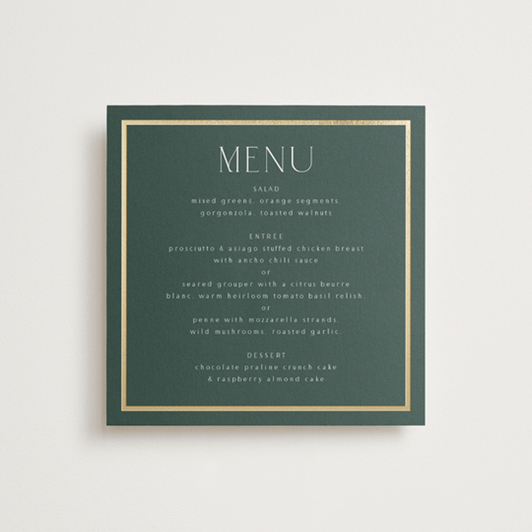 "Regal" - Foil-Pressed Menus in Evergreen by Nicole Walsh - Front