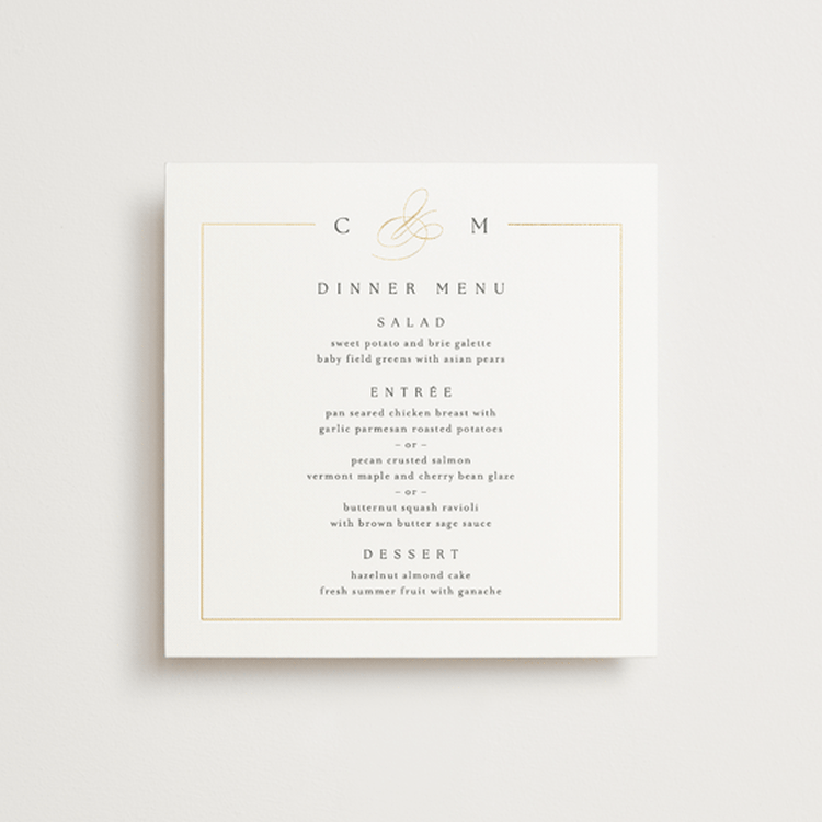 "Framed Monogram" - Foil-Pressed Menus in Silk by Kelly Schmidt - Front