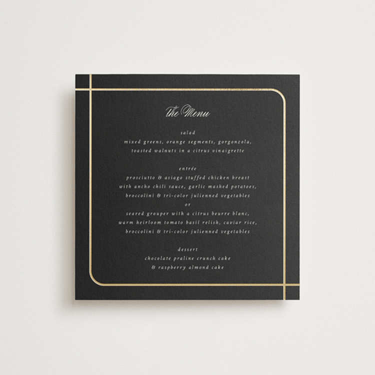 "Foil Outlines" - Foil-Pressed Menus in Noir by Emily Sabol Goss - Front