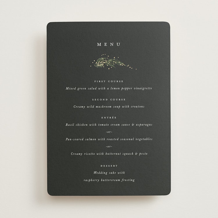 "Winter Garland" - Foil-Pressed Menus in Tuxedo by Leah Bisch - Front