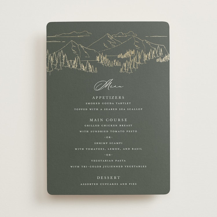 "Peaks" - Foil-Pressed Menus in Hunter by Sarah Brown - Front