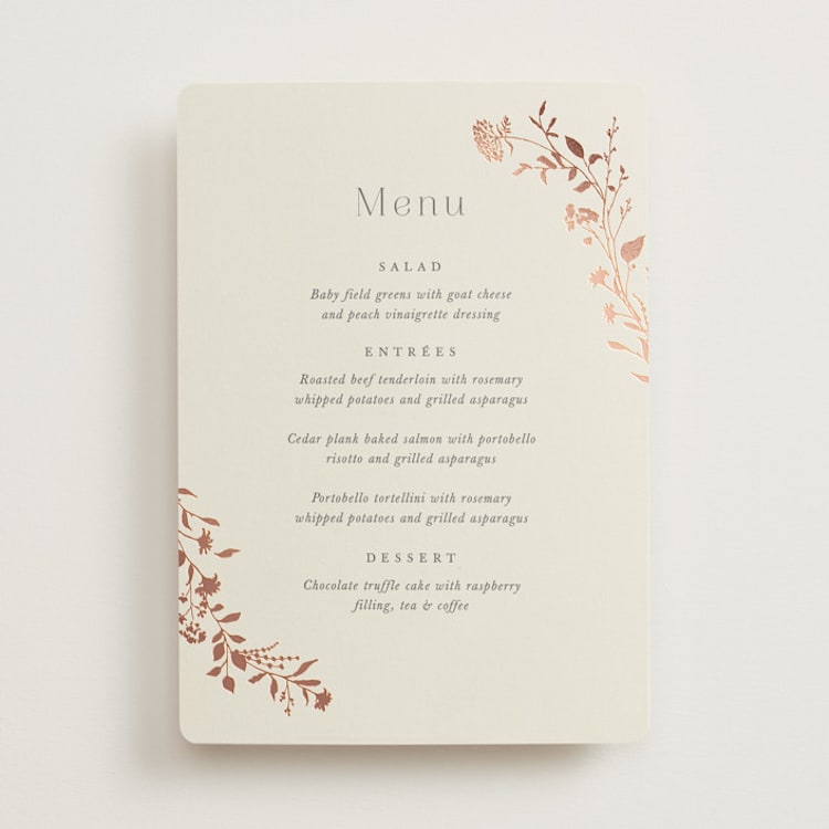 "Queen Anne's Lace" - Foil-Pressed Menus in Creme Brulee by Jennifer Wick - Front