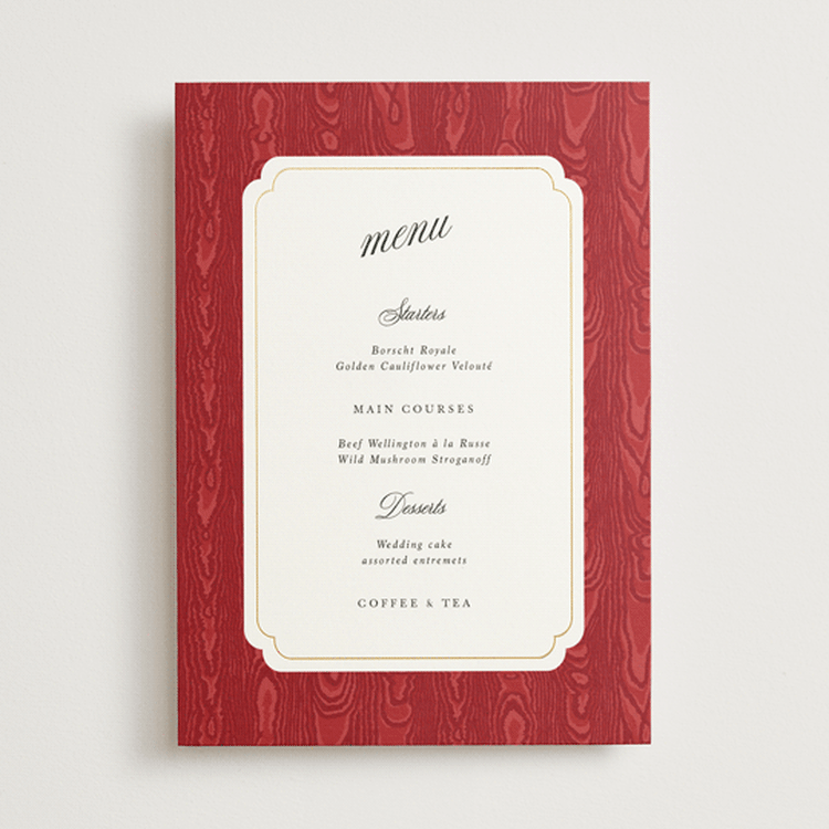 "Moiré" - Foil-Pressed Menus in Crimson by Studio Suku - Front