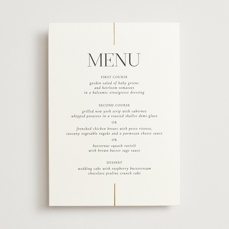 "Aligned" - Foil-Pressed Menus in Spun Sugar by Jessica Williams - Front