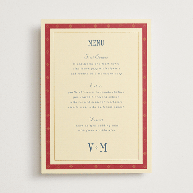 "Woven" - Foil-Pressed Menus in Navy by Baumbirdy - Front