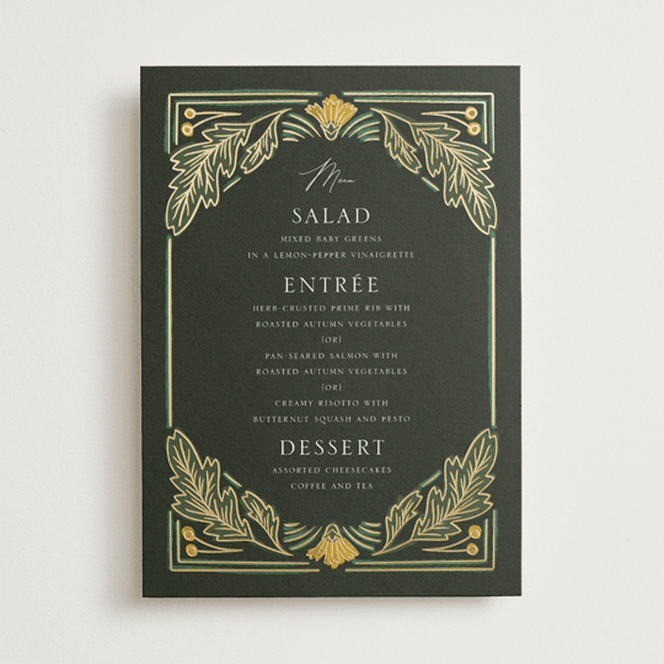 "Embellished" - Foil-Pressed Menus in Buttercup by Jen Owens - Front