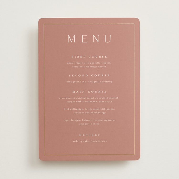 "Warm affection" - Foil-Pressed Menus in Dusty Rose by Stacey Meacham - Front
