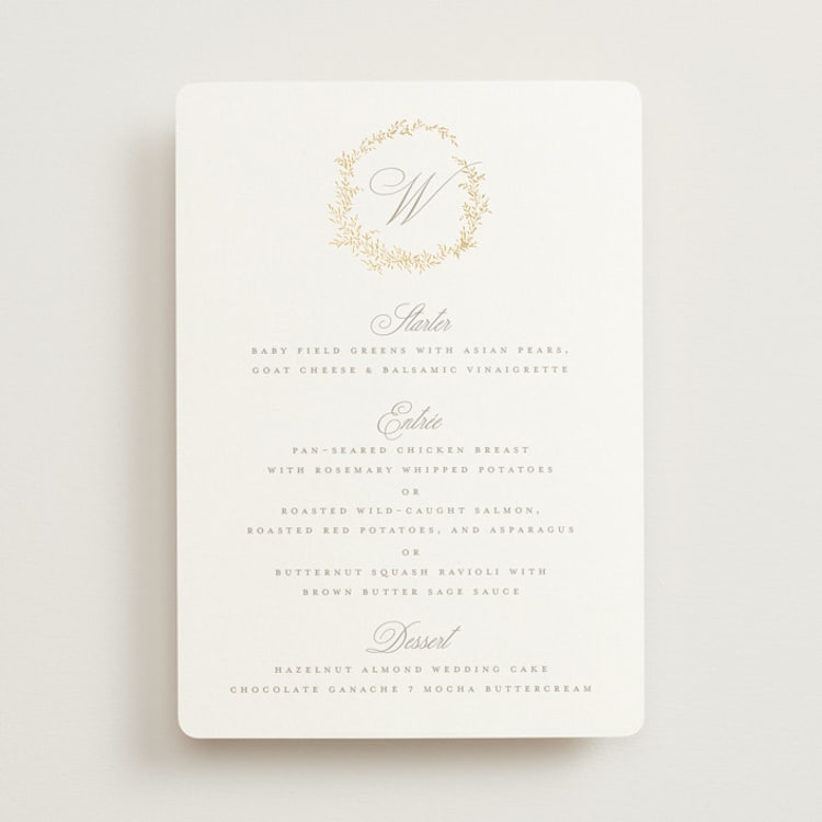 "Romantic Wreath" - Foil-Pressed Menus in Chantilly by Wildfield Paper Co - Front