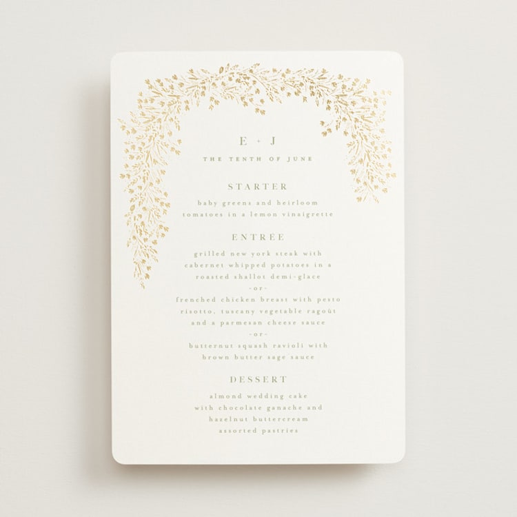 "Villa" - Foil-Pressed Menus in Leaf by Kristie Kern - Front