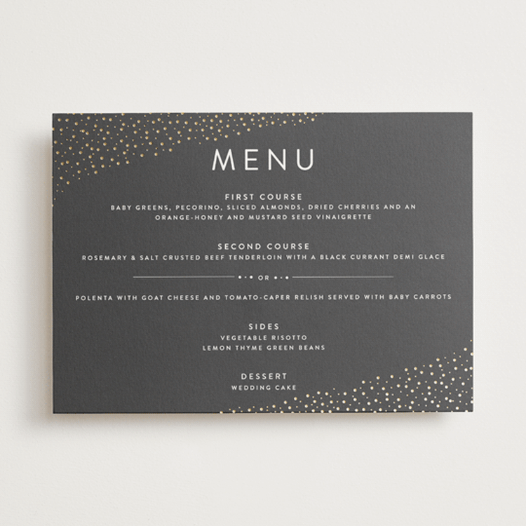 "Modern Glam" - Foil-Pressed Menus in Soft Black by Camille Robinson - Front