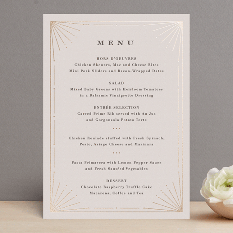 "Art Deco Border" - Foil-Pressed Menus in Blush by Hooray Creative - Front