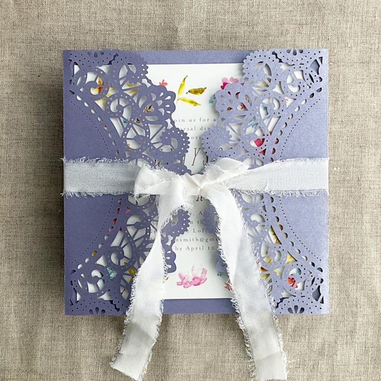 "Lavender Lace Lasercut Jacket for 5.25x5.25 inch Invitation | Pack of 10" - Invitation Jackets and Overlays in purple by Ivory Invitations