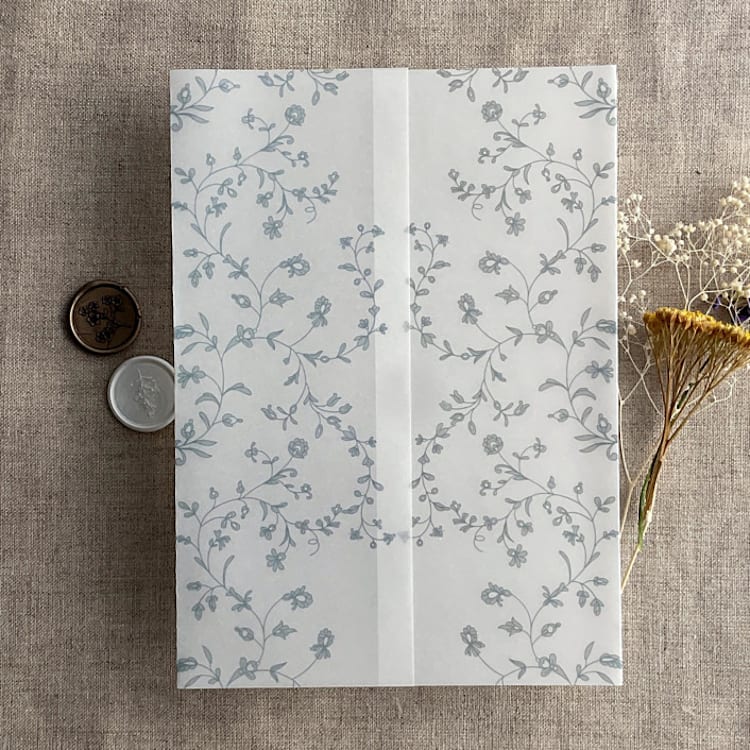 "Steel blue dainty floral vines printed vellum wrap for 5x7 card | pack of 10" - Invitation Jackets and Overlays in blue by Ivory Invitations