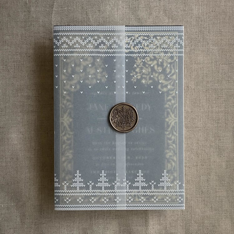 "White knitted holiday vellum wrap for 5x7 card | pack of 10" - Invitation Jackets and Overlays in white by Ivory Invitations