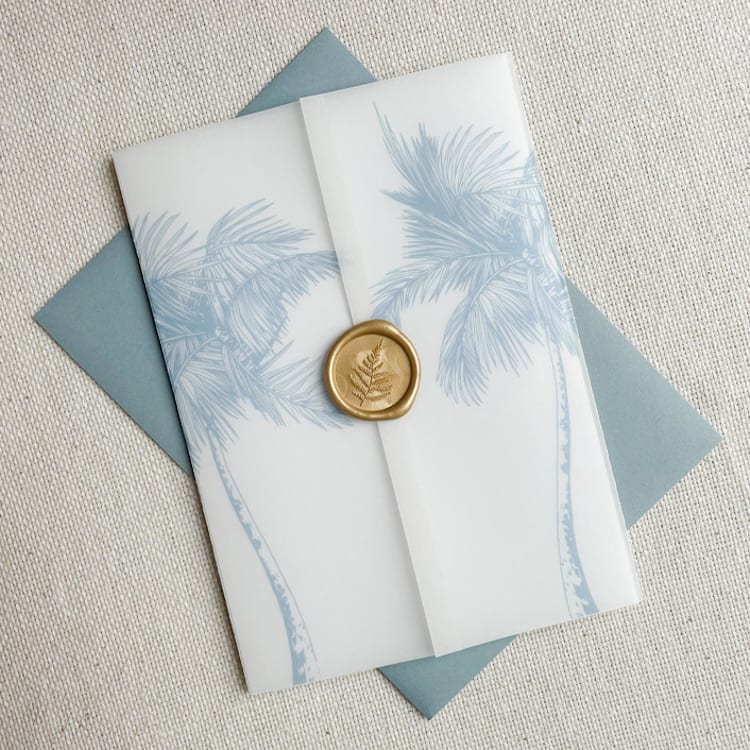 "Grand Palms Vellum Jacket | Set of 10 | Blue & Green Color Options" - Invitation Jackets and Overlays in multicolorassorted-colors by Megan Tendler