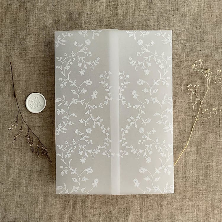 "White ink print dainty floral vines printed vellum wrap for 5x7 card | pack of 10" - Invitation Jackets and Overlays in white by Ivory Invitations
