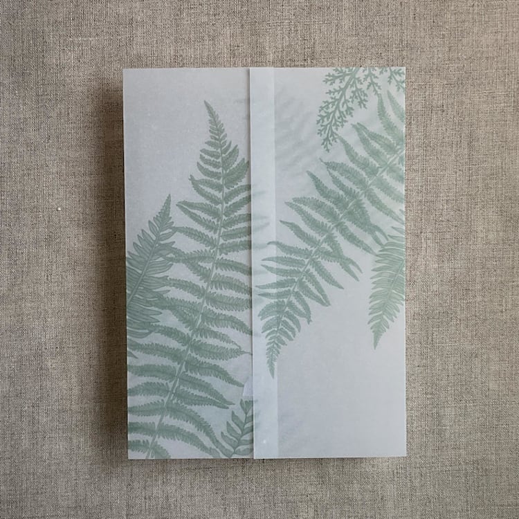 "Sage fern leaves greenery printed vellum wrap for 5x7 card | pack of 10" - Invitation Jackets and Overlays in green by Ivory Invitations