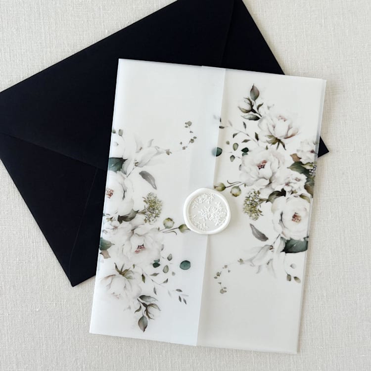 "White Rose Vellum Wrap for Wedding Invitations | Set of 10" - Invitation Jackets and Overlays in white by Eva Friesen