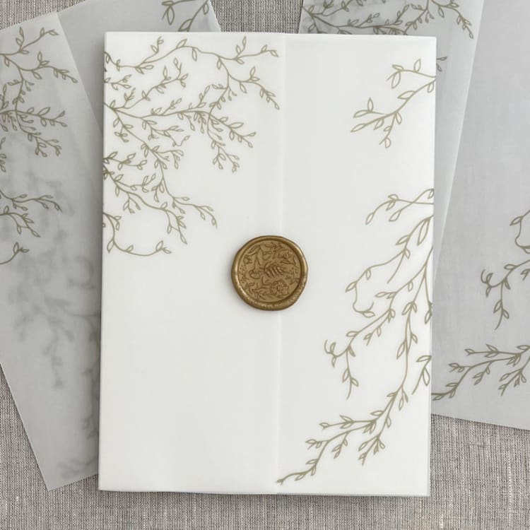 "Dusty green greenery vellum wrap for invitations | Set of 10" - Invitation Jackets and Overlays in green by Orchid Studio