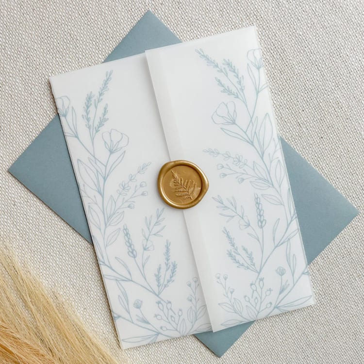 "Botanical Florals Vellum Jacket | Set of 10 | Blue & Green Color Options" - Invitation Jackets and Overlays in blue by Megan Tendler