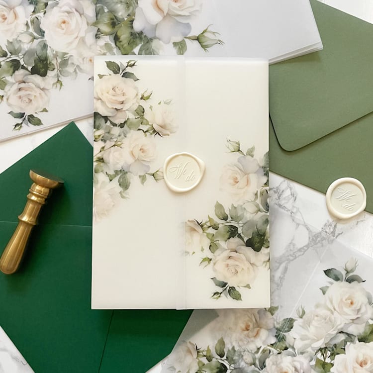 "White Rose Vellum Jacket for Wedding Invitations (10 Pack)" - Invitation Jackets and Overlays in clear by Carley Zuercher