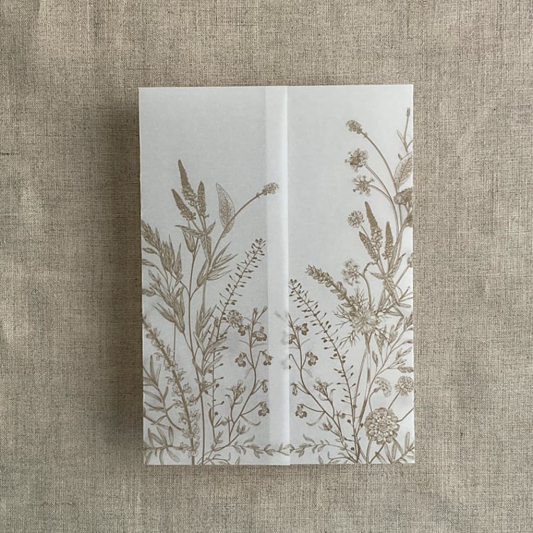 "Hazelnut English botanical garden floral printed vellum wrap for 5x7 card | pack of 10" - Invitation Jackets and Overlays in natural by Ivory Invitations