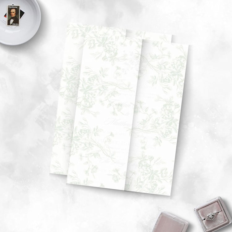 "Sage Green Vellum Wrap with Baroque Floral Pattern for 5 x 7 Wedding Invitations" - Invitation Jackets and Overlays in green by Caroline Russo