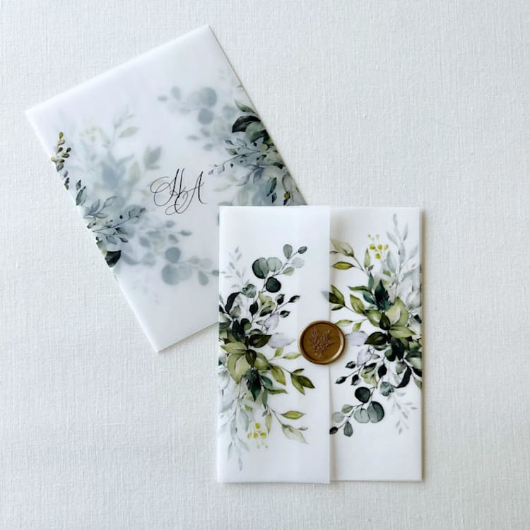 "Rustic Greenery Vellum Wraps, "customizable" | Set of 10" - Invitation Jackets and Overlays in green by Eva Friesen