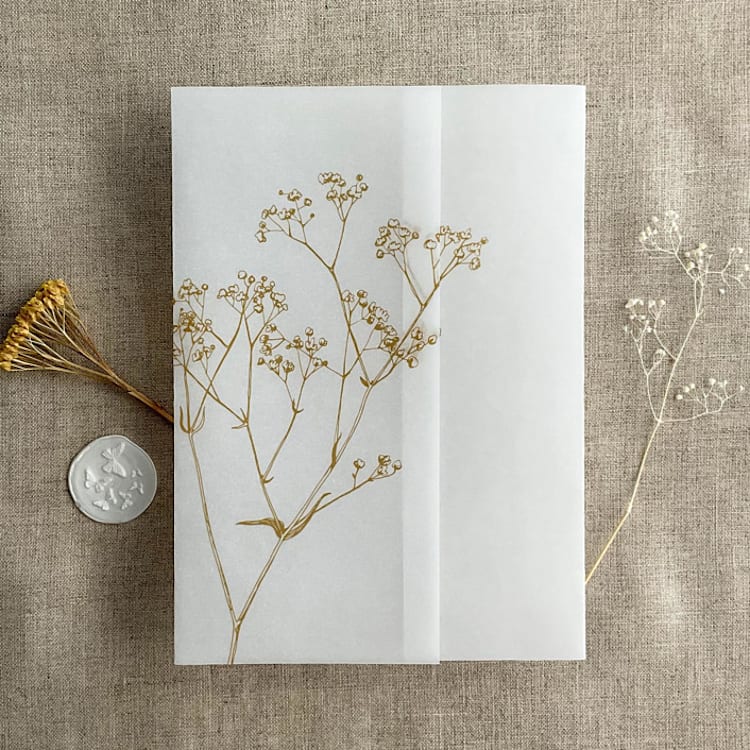 "Minimalist baby's breath flower gold color printed vellum wrap for 5x7 card | pack of 10" - Invitation Jackets and Overlays in gold by Ivory Invitations
