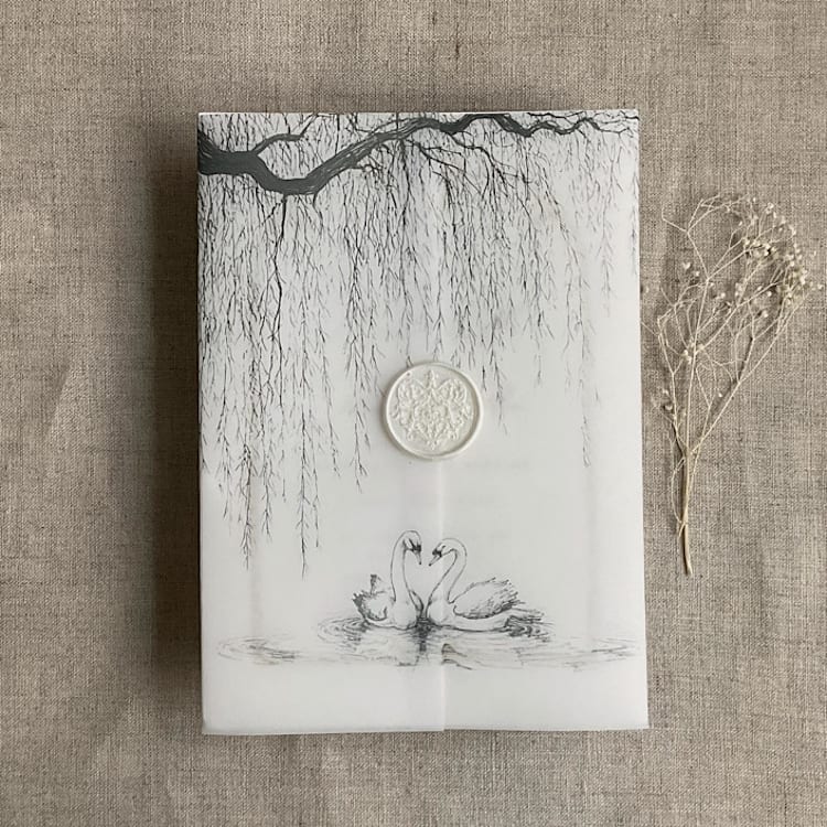 "Graphite willow and swan vellum vellum wrap for 5x7 card | pack of 10" - Invitation Jackets and Overlays in gray by Ivory Invitations