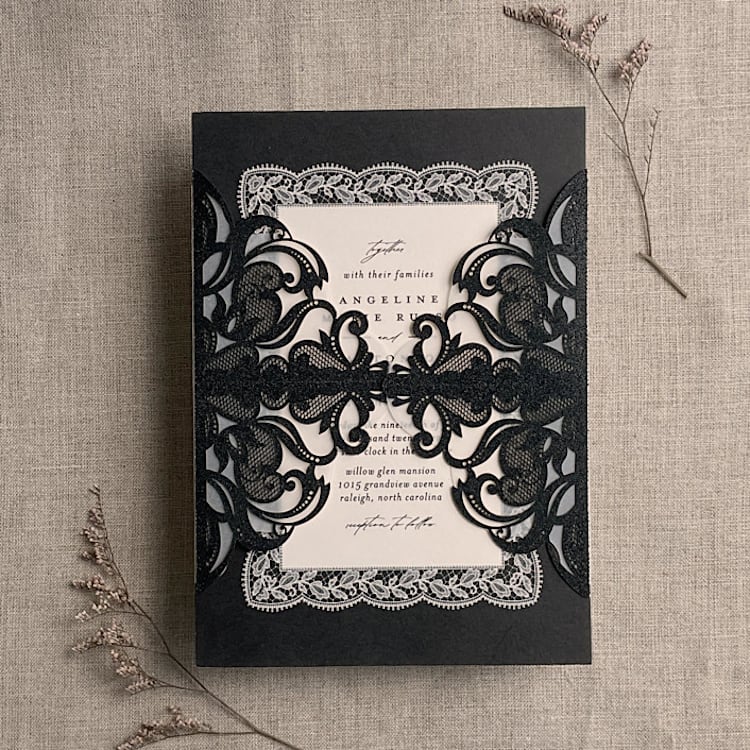 "Antique black glitter lace wedding invitation Jacket for 5x7 cards | pack of 10" - Invitation Jackets and Overlays in black by Ivory Invitations