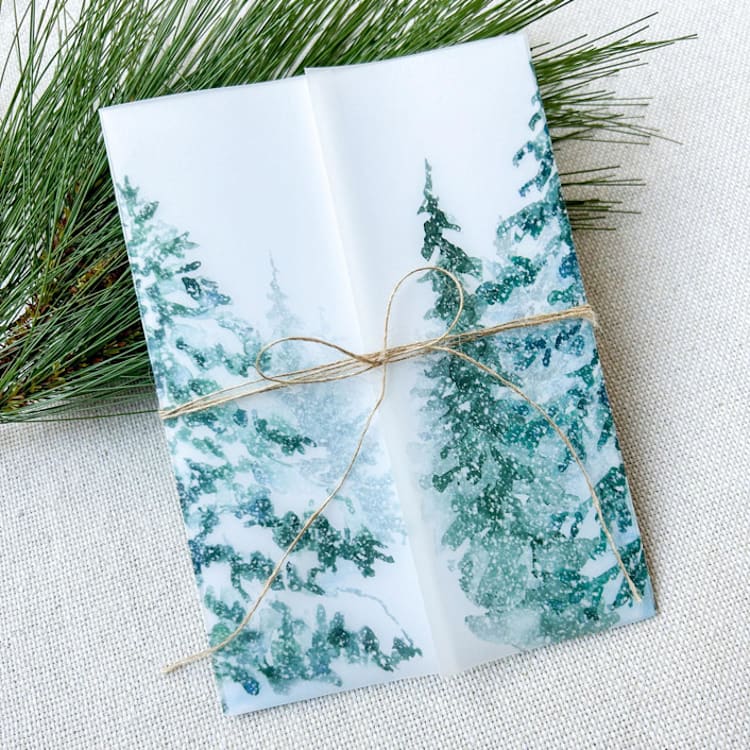 "Snowy Pines Vellum Jackets | Set of 10" - Invitation Jackets and Overlays in green by Megan Tendler
