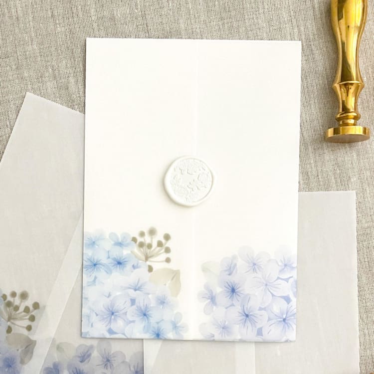 "blue and purple hydrangeas vellum wraps for invitations | Set of 10" - Invitation Jackets and Overlays in multicolorassorted-colors by Orchid Studio