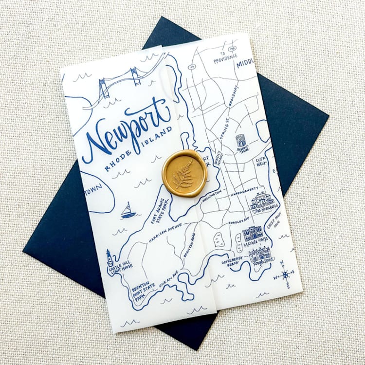 "Newport Wedding Map Vellum Jackets | Set of 10 | Blue & Green Color Options" - Invitation Jackets and Overlays in blue by Megan Tendler