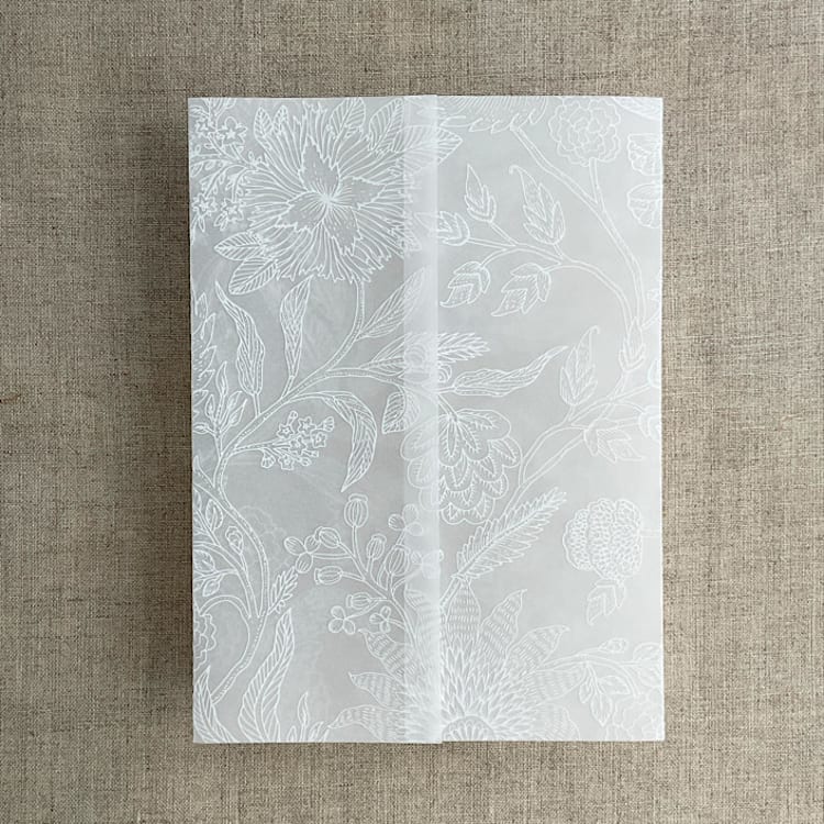 "White ink print Victorian botanical garden vellum wrap for 5x7 card | pack of 10" - Invitation Jackets and Overlays in white by Ivory Invitations