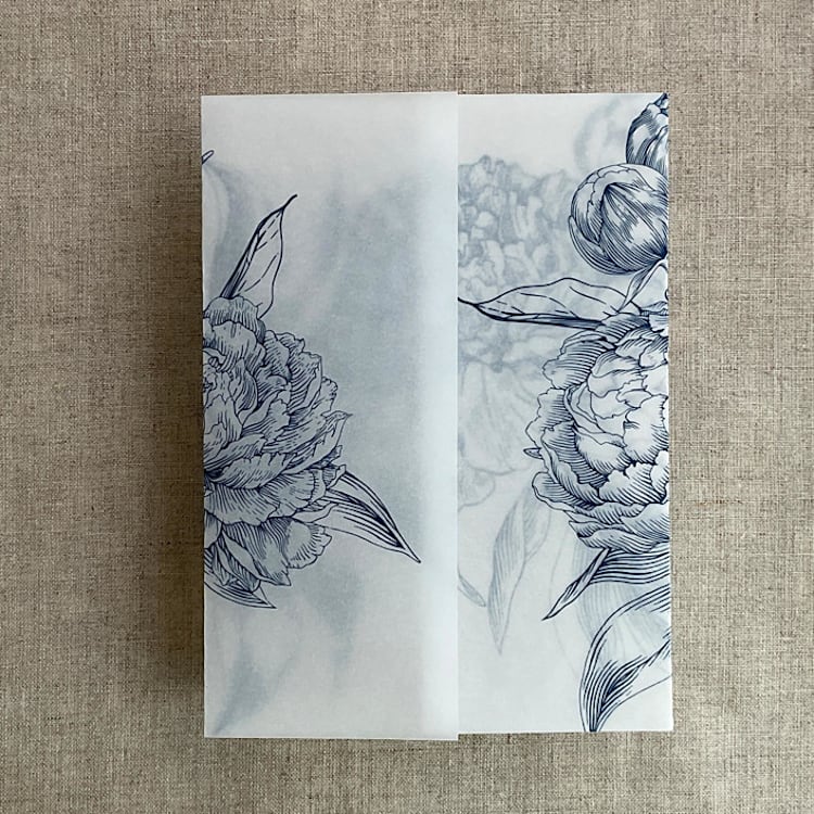 "Navy etched grand peony floral printed vellum wrap for 5x7 card | pack of 10" - Invitation Jackets and Overlays in blue by Ivory Invitations