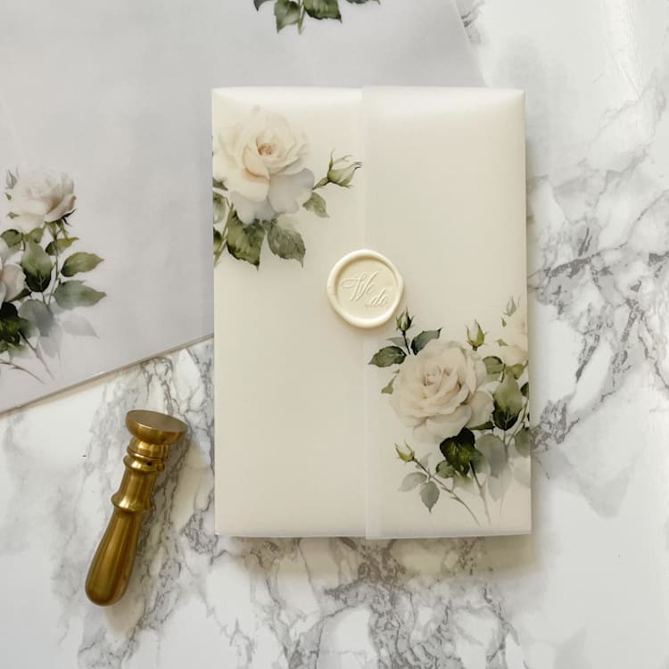 "Minimal White Rose Floral Vellum Jacket for Wedding Invnitations (10 Pack)" - Invitation Jackets and Overlays in clear by Carley Zuercher