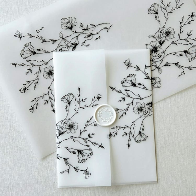 "Classic Black Botanical Vellum Wrap | Set of 10" - Invitation Jackets and Overlays in black by Eva Friesen