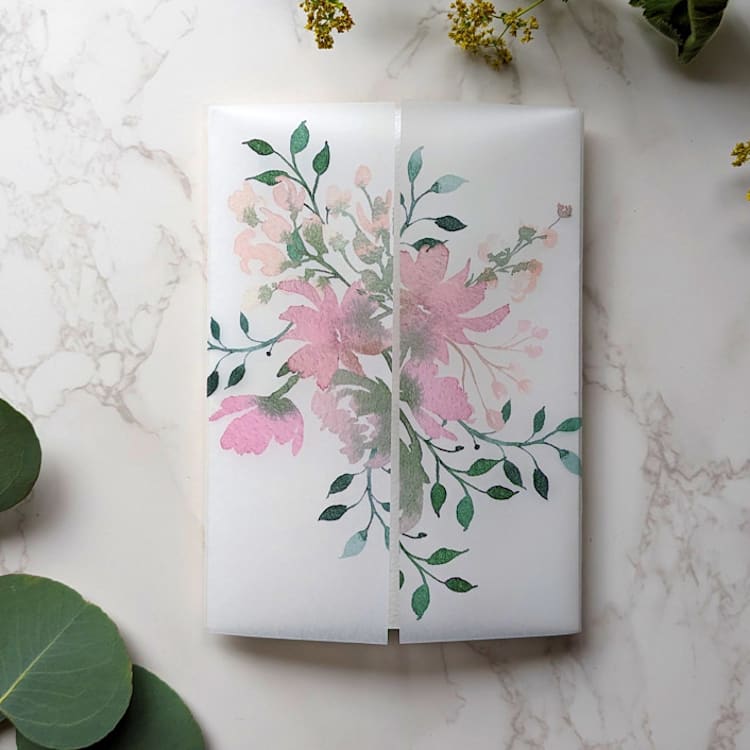 "Delicate Floral Watercolor Vellum Wrap | Set of 10" - Invitation Jackets and Overlays in beige by Campofiore Paper Studio