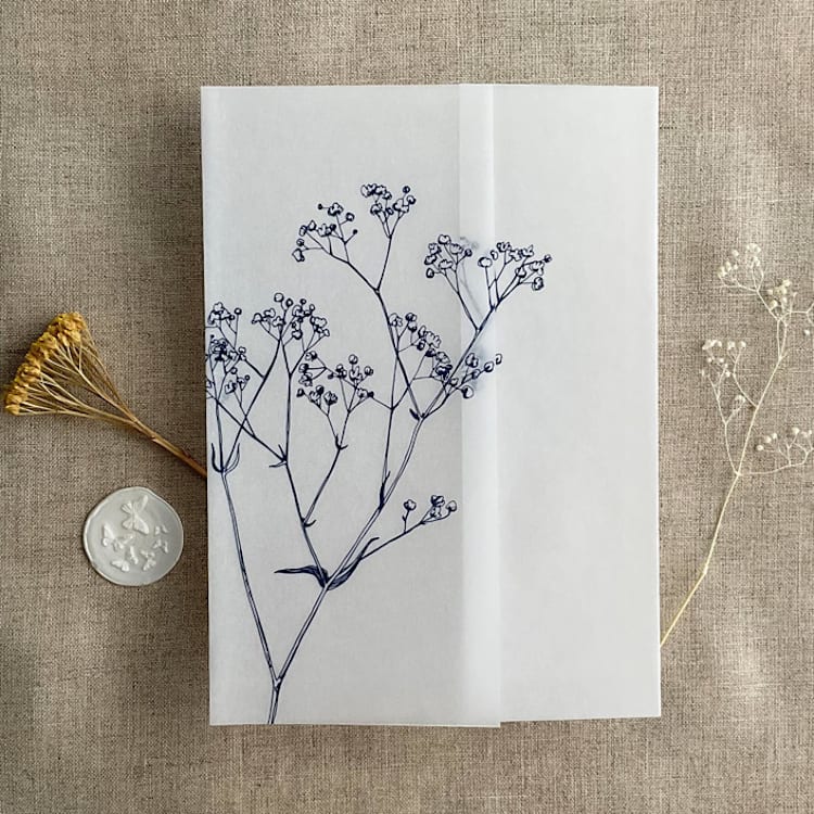 "Minimalist baby's breath flower navy color printed vellum wrap for 5x7 card | pack of 10" - Invitation Jackets and Overlays in blue by Ivory Invitations