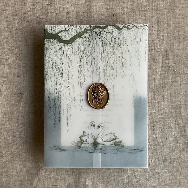 "Moss willow and swan vellum vellum wrap for 5x7 card | pack of 10" - Invitation Jackets and Overlays in green by Ivory Invitations