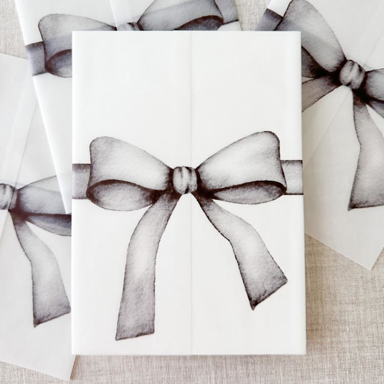 "Black bow watercolor vellum jacket | Set of 10" - Invitation Jackets and Overlays in black by Orchid Studio