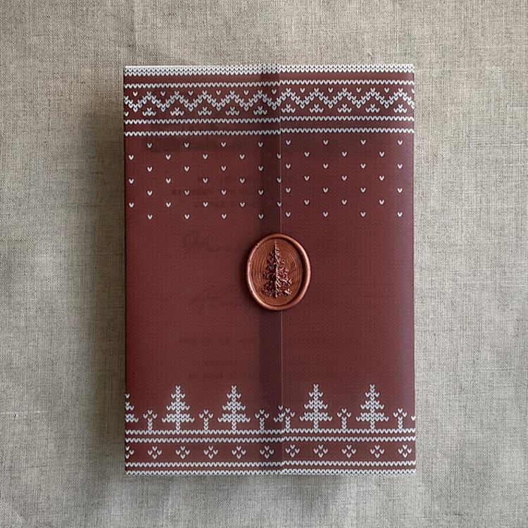 "Burgundy knitted holiday vellum wrap for 5x7 card | pack of 10" - Invitation Jackets and Overlays in red by Ivory Invitations