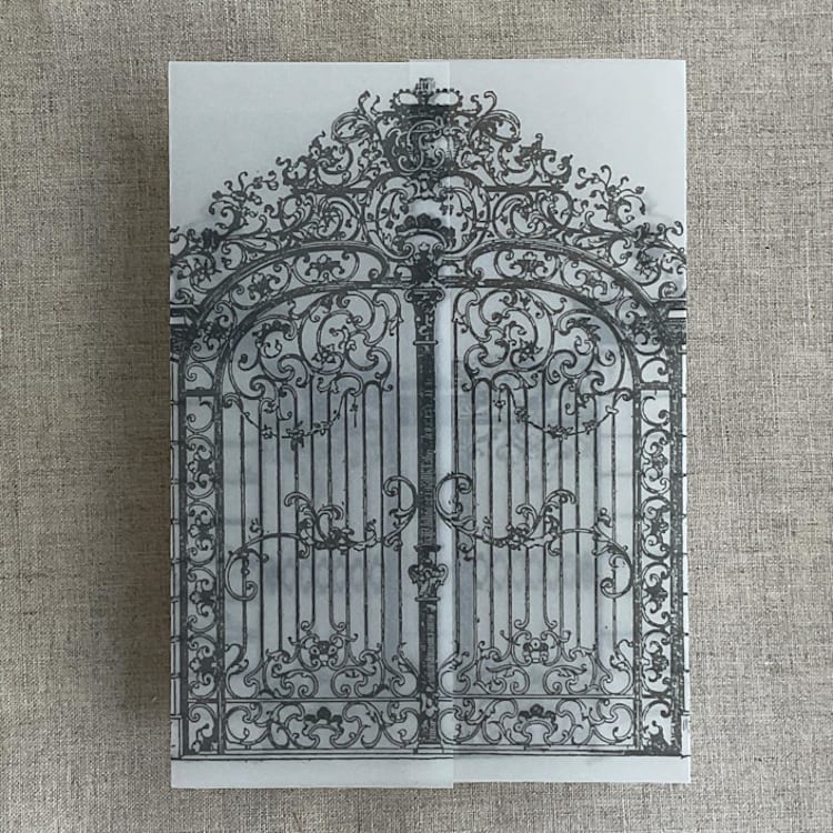 "Slate gray vintage style gate to the palace gardens vellum wrap for 5x7 card | pack of 10" - Invitation Jackets and Overlays in gray by Ivory Invitations