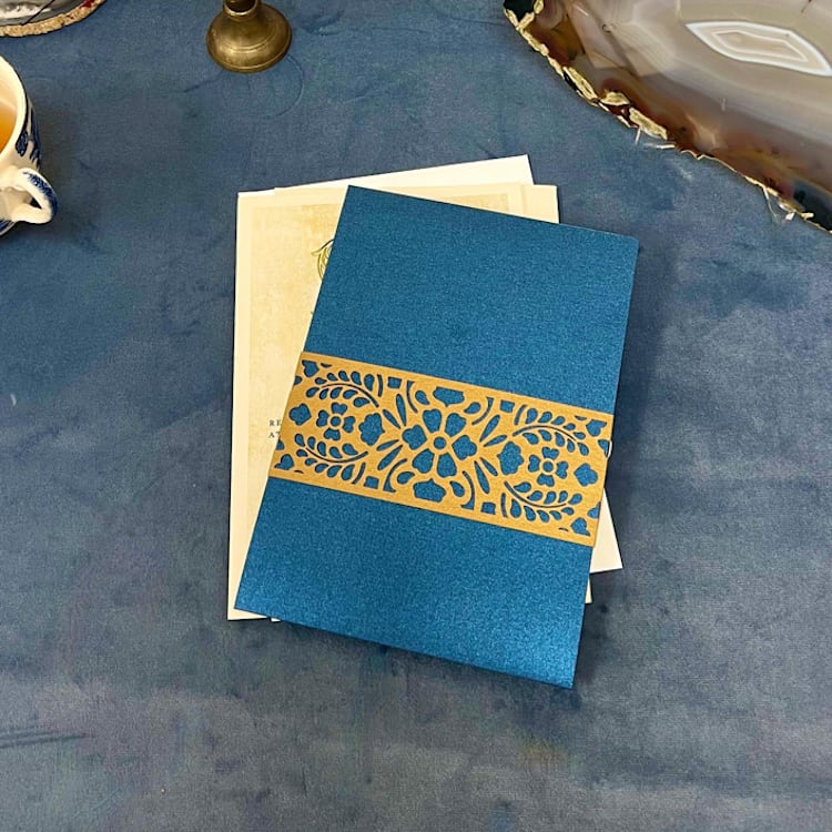 "Laser Cut Belly Band, Ava Pattern in Antique Gold, Set of 25" - Invitation Jackets and Overlays in gold by Artifacture