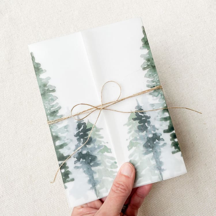 "Mountain Wedding Pine Forest Vellum Jacket | Set of 10" - Invitation Jackets and Overlays in green by Megan Tendler