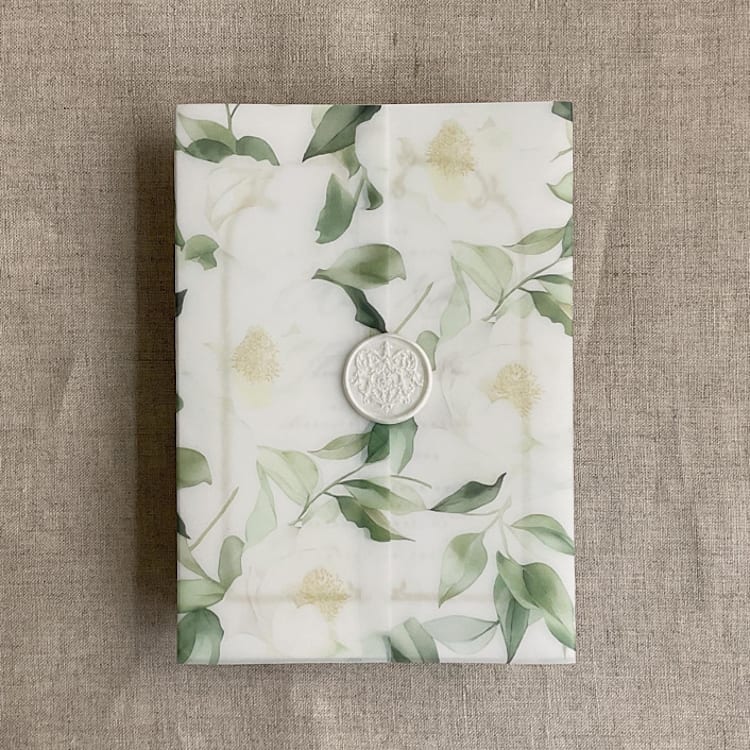 "Rosalie floral white vellum wrap for 5x7 card | pack of 10" - Invitation Jackets and Overlays in multicolorassorted-colors by Ivory Invitations