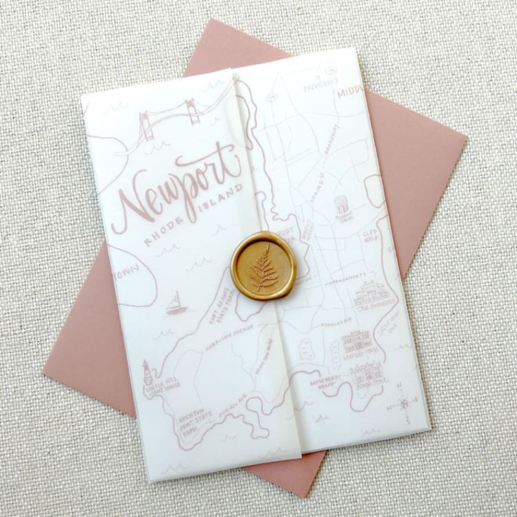 "Newport Wedding Map Vellum Jackets | Set of 10 | Pink & Neutral Color Options" - Invitation Jackets and Overlays in natural by Megan Tendler