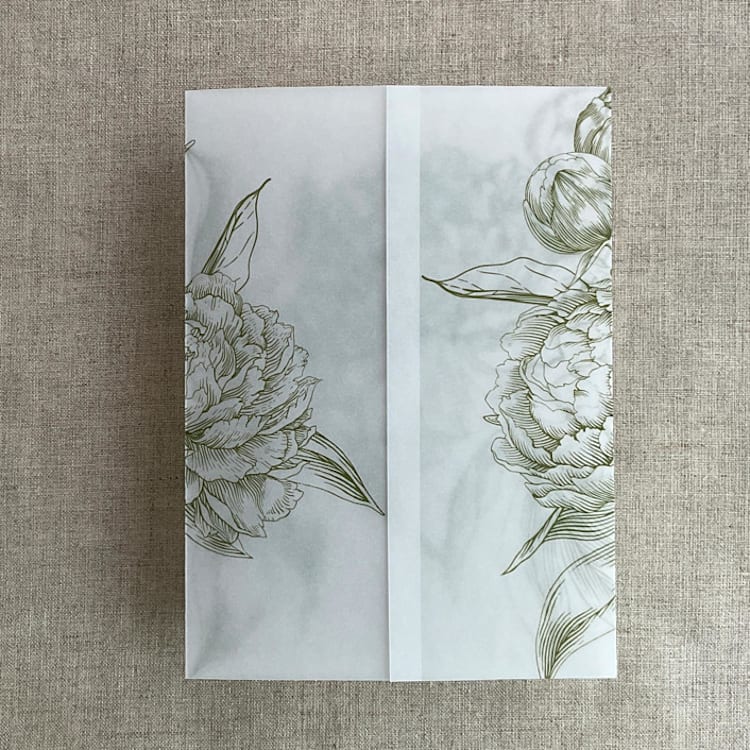 "Moss etched grand peony floral printed vellum wrap for 5x7 card | pack of 10" - Invitation Jackets and Overlays in green by Ivory Invitations