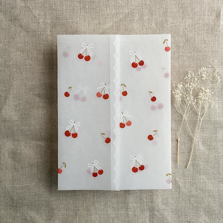 "Scallop lace and cherries printed vellum wraps for 5x7 cards | pack of 10" - Invitation Jackets and Overlays in red by Ivory Invitations